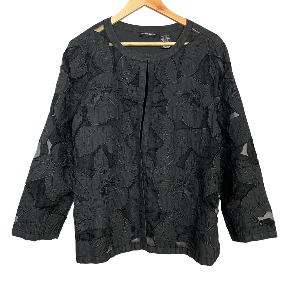 Sutton Studio Floral Blazer Applique Black Sheer Polyester Linen Size 16 Women